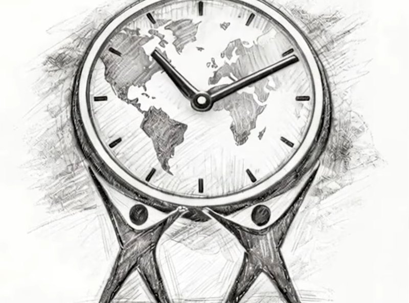 Watch illustration combining timekeeping and a world map.